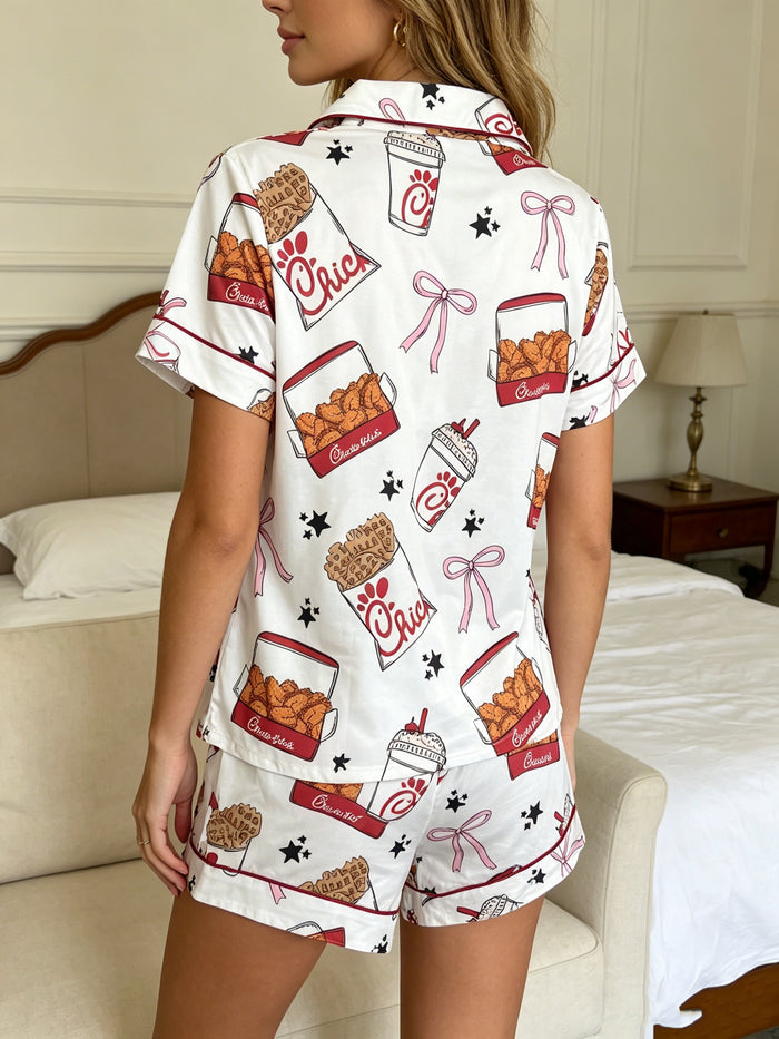 ladies sleepwear set featuring drinks bow print