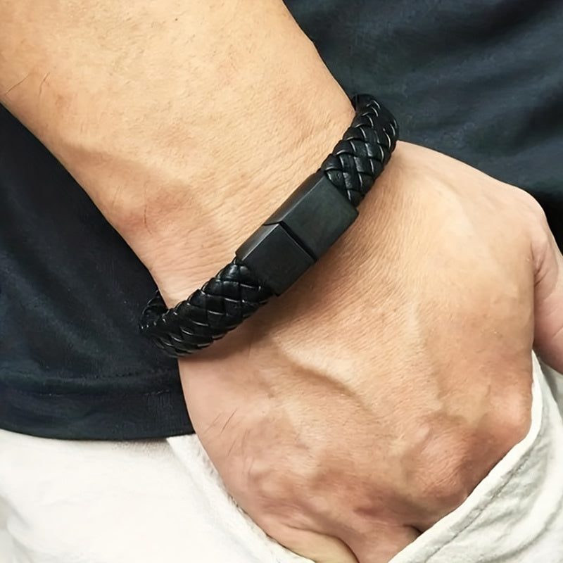 fashion stainless steel chain genuine leather bracelet
