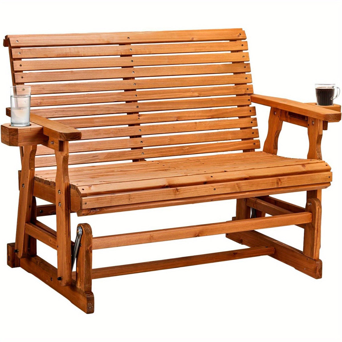 outdoor glider bench wood patio glider cup holders porch