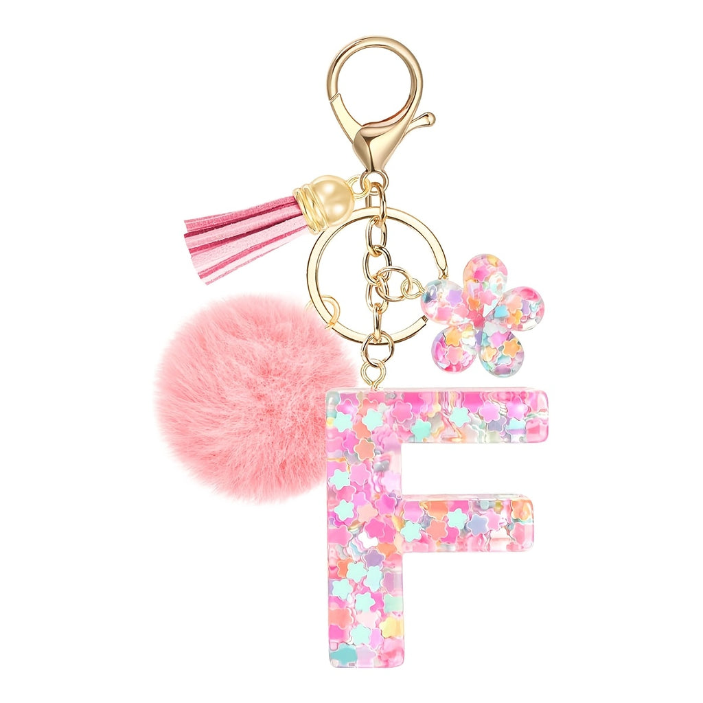 ladies initial keychain cute pink flower resin letter