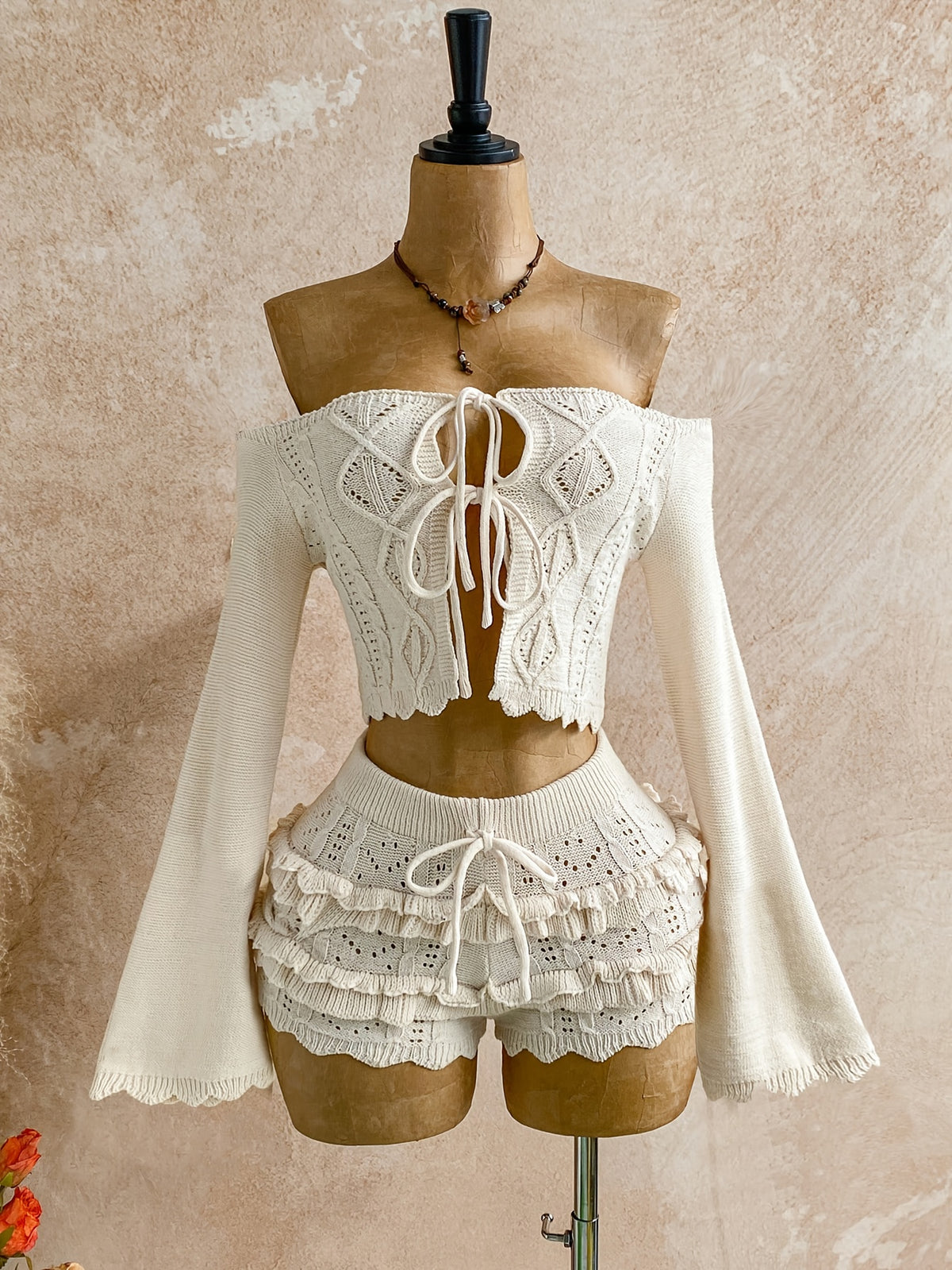 two piece womens fashionable   shoulder tie front sweater