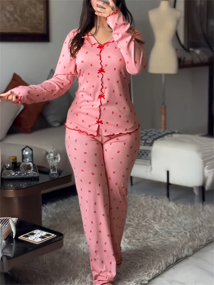 2pcs strawberry print bow decorated lapel v neck   top