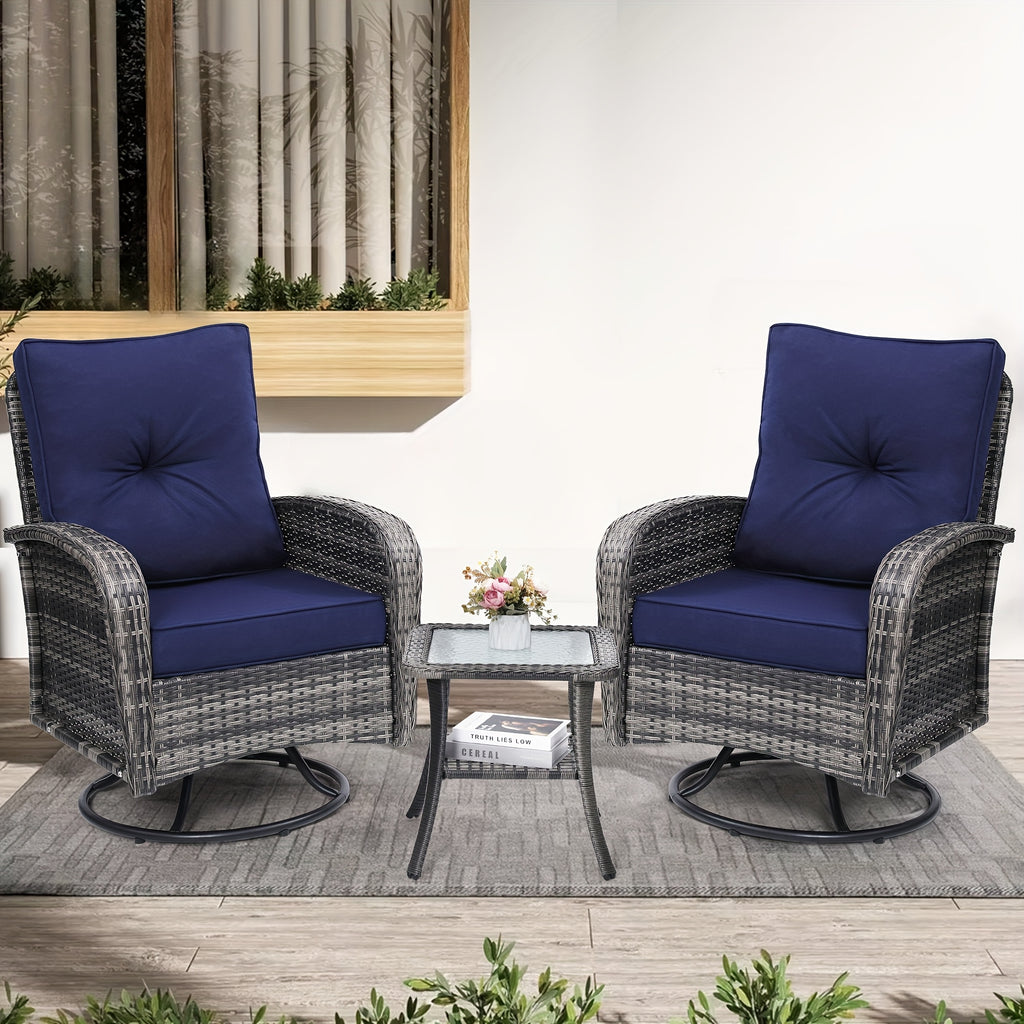 3pcs patio wicker glider rocker set 360 degree swivel
