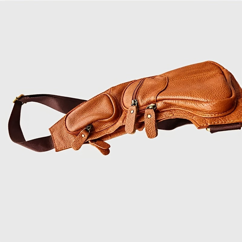 mens genuine cowhide belt bag multiple zipper compartments