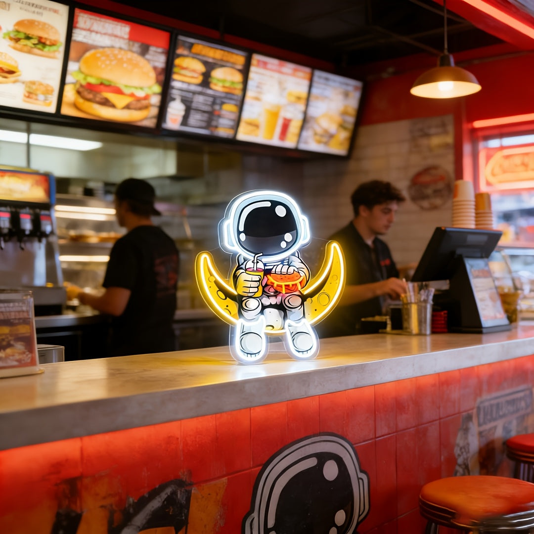 a neon astronaut sign an adjustable brightness art piece