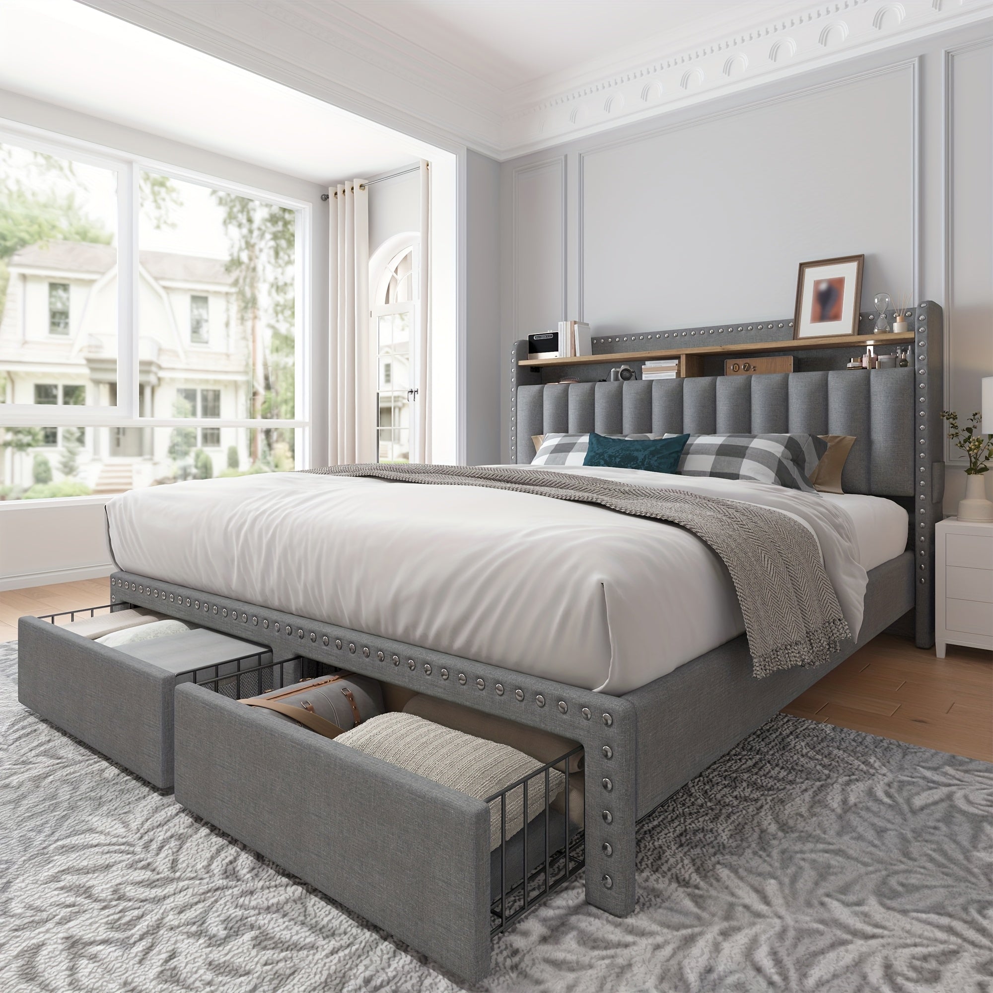 king size upholstered bed frame storage 2 tier headboard 2