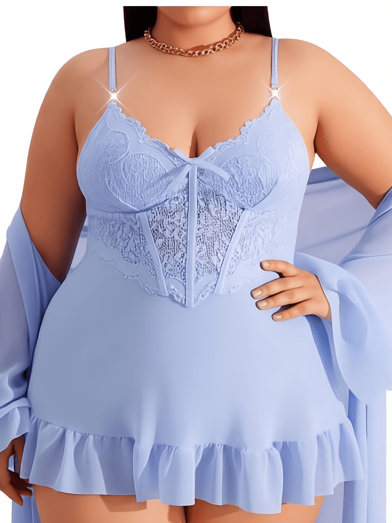 plus size womens nightwear light blue lace   three piece