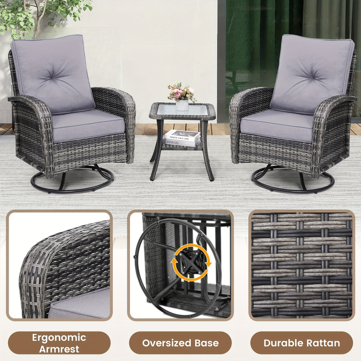 3pcs patio wicker glider rocker set 360 degree swivel