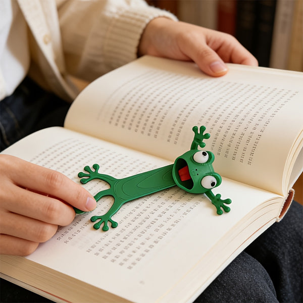 whimsical 3d stereoscopic slouchy frog bookmark reading book
