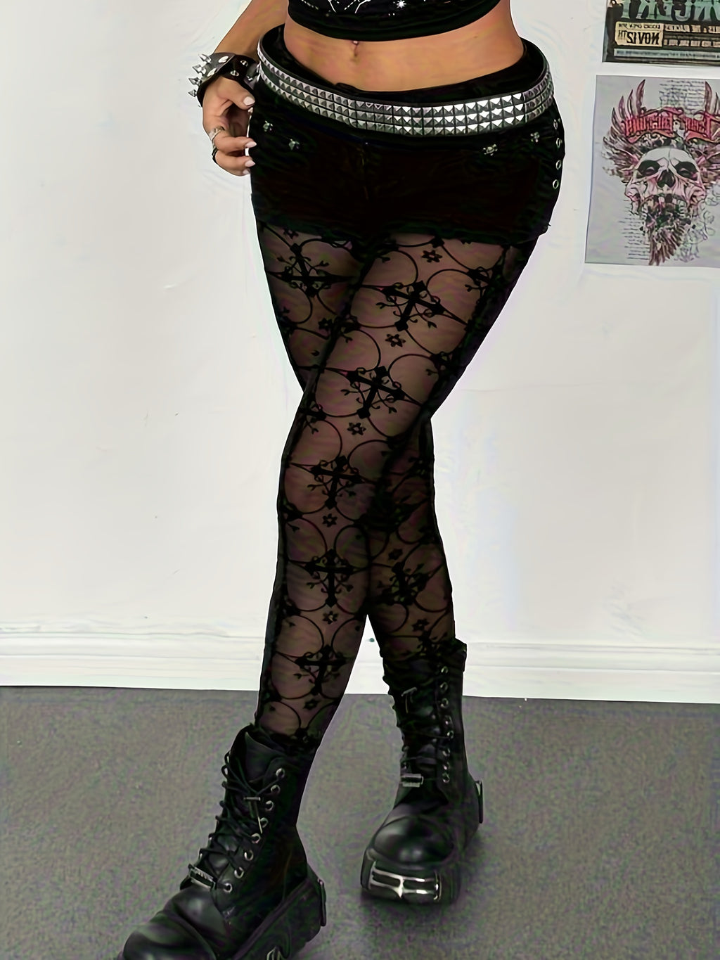 womens   shaped velvet mesh sheer leggings