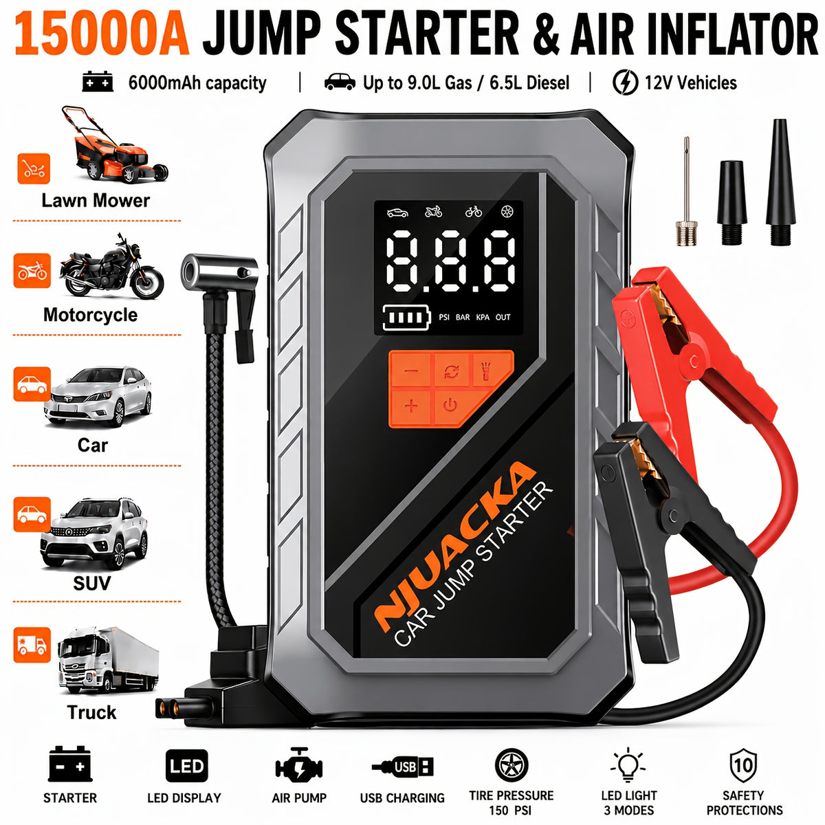 15000a 8 in 1 portable car jump starter air compressor 150
