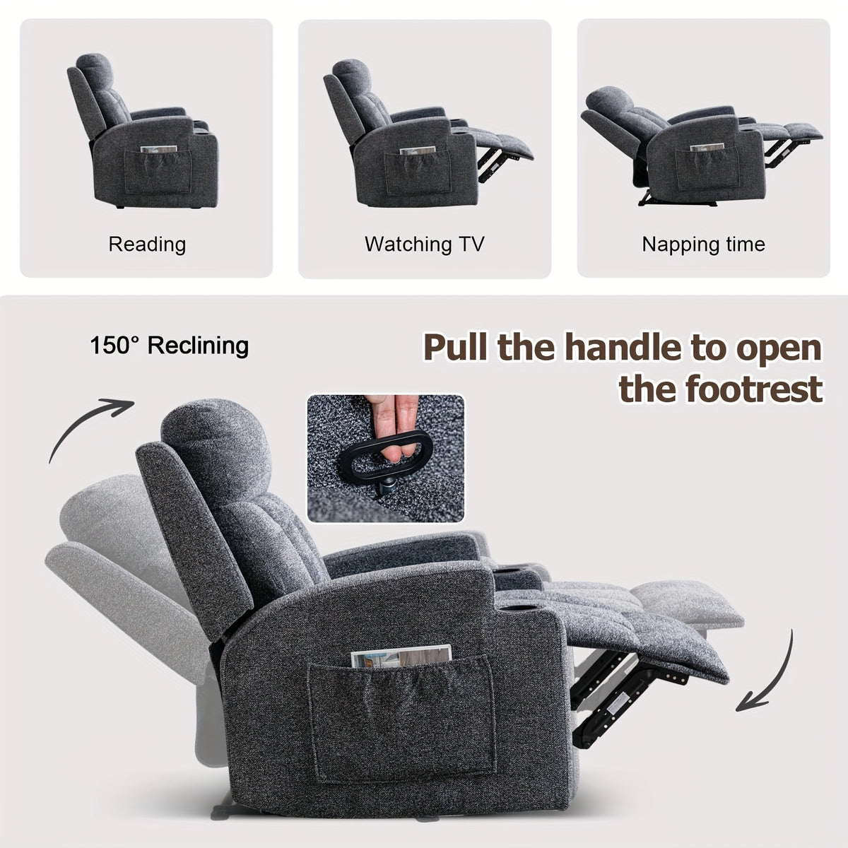 manual recliner chair massage heat soft fabric