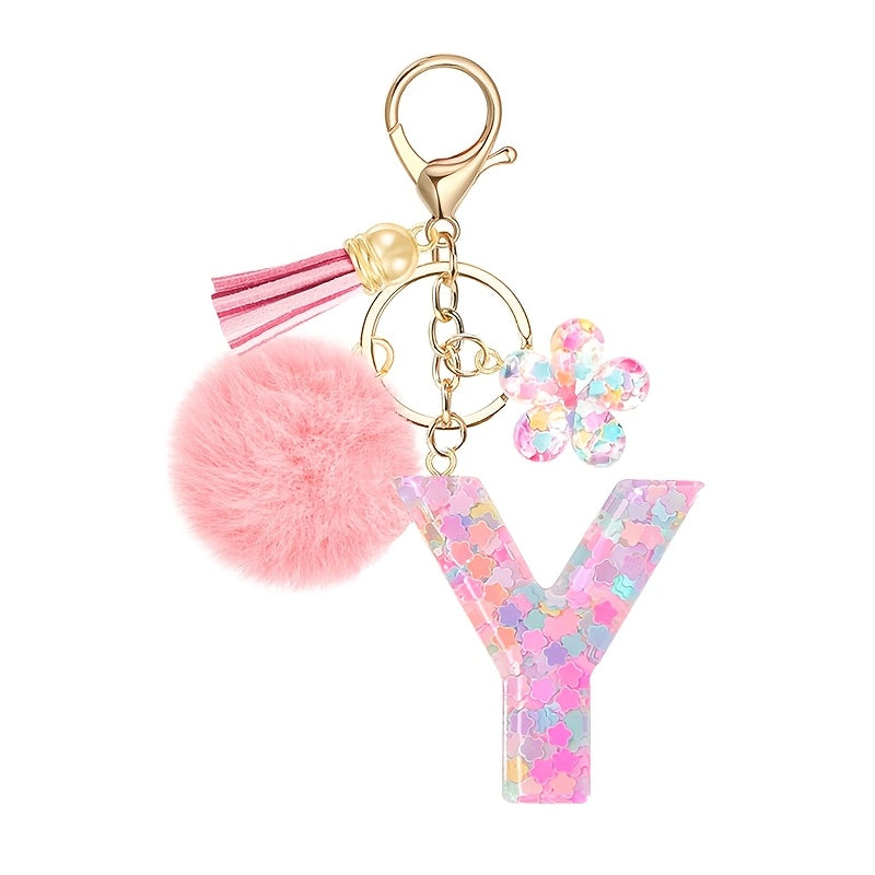 ladies initial keychain cute pink flower resin letter