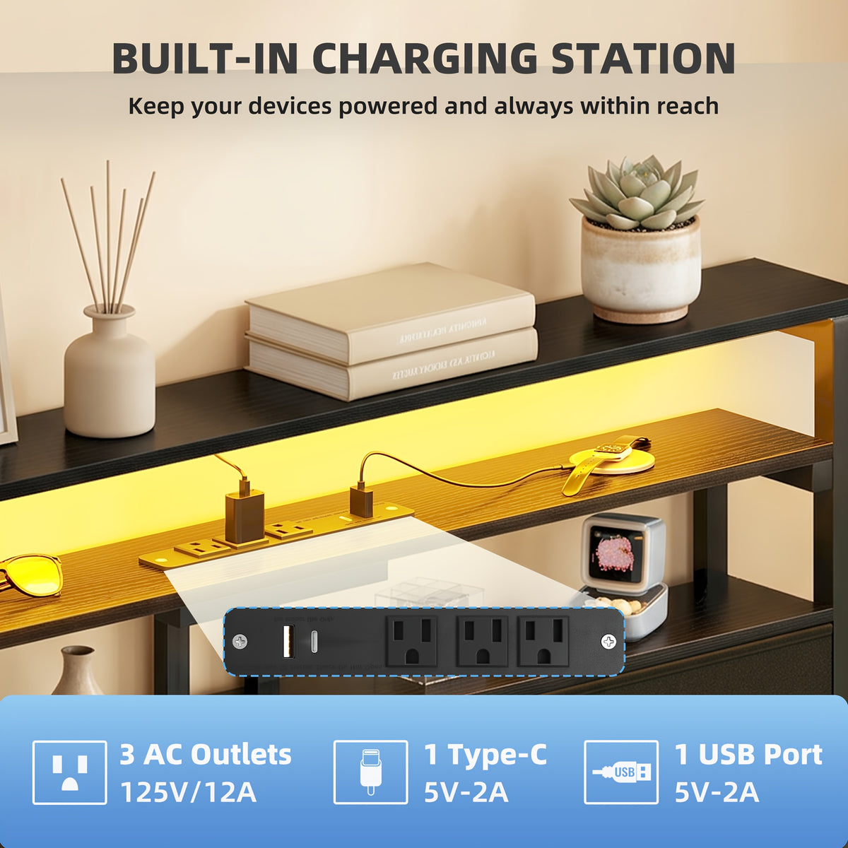 black led platform bed frame charging station 3 tier side